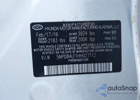 2017 Hyundai Elantra Limited z USA, uszkodzony, nr VIN 5NPD84LF1HH027112